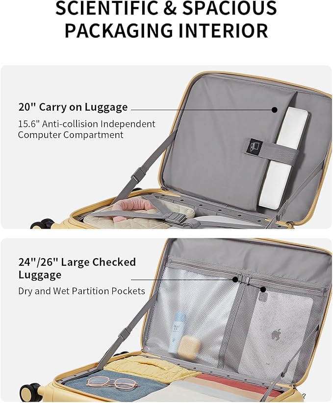 Expandable Top Open 24 Inch Checked Luggage with Spinner Wheels, Large Suitcase with TSA Lock, Hardside Travel Luggage Suitcases for Men Women, for 14+Days Travel, Cheese Yellow - Image 5