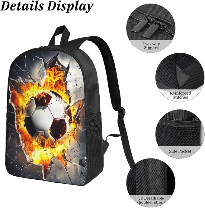 Soccer Kid Backpack Set with Lunch Bag & Pencil Case Large Capacity School Bag 17 Inch Bookbag for Boy Girl - Image 5
