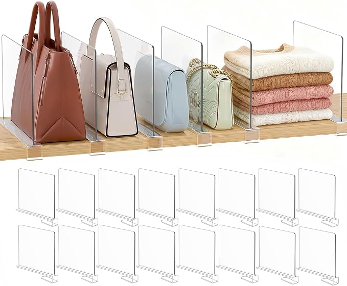 Purse Organizer for Closet Shelf Dividers: 16-Pack Adjustable Clear Acrylic Bag Storage Organizer for Handbags, Sweaters, Towels, Jeans and Shoes on Wood Shelves by Saccik