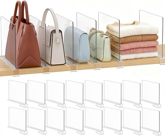 Purse Organizer for Closet Shelf Dividers: 16-Pack Adjustable Clear Acrylic Bag Storage Organizer for Handbags, Sweaters, Towels, Jeans and Shoes on Wood Shelves by Saccik