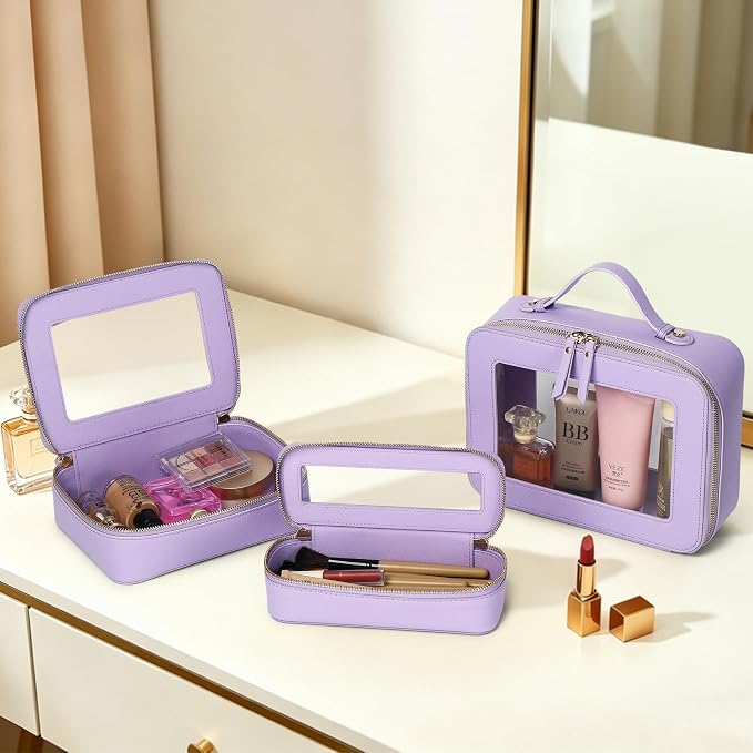 Travel Makeup Set, Purple, L+M+SLIM | Waterproof, Transparent Cosmetic Bag, Toiletry Bag, Makeup Brush Case with Zipper, Car Essentials for Women - Image 2