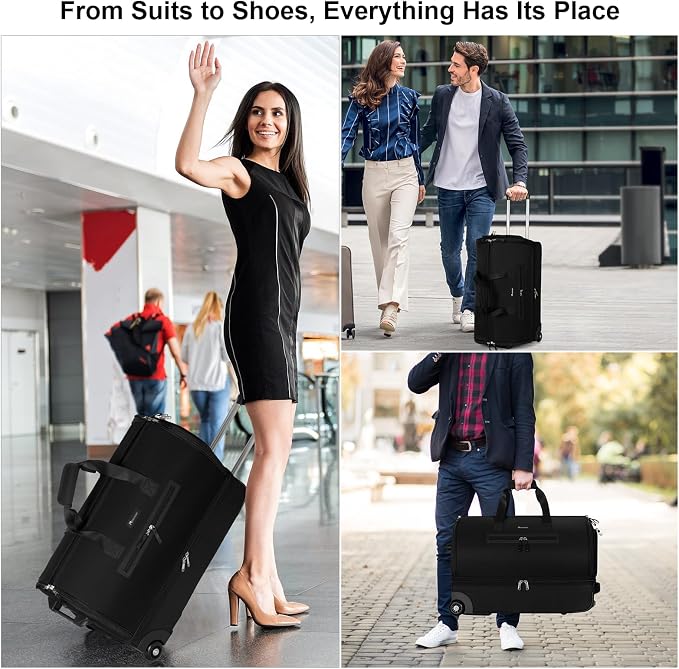 Modoker Convertible Rolling Garment Bag for Travel, Suit Travel Bag with Trolley, Garment Duffel Bag with Wheels & Shoes Compartment for Business Trip, Weekender - Black - Image 7