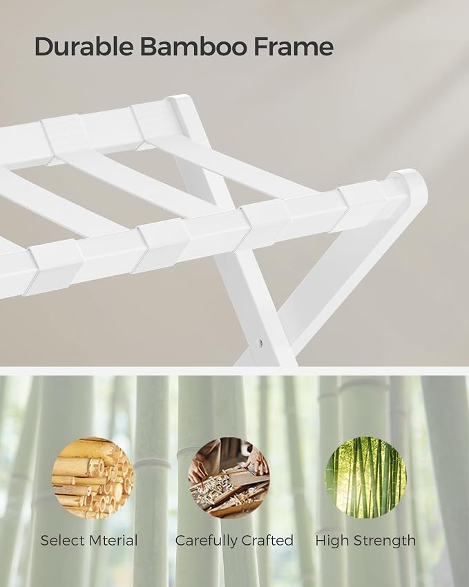 SONGMICS Luggage Rack, Folding Suitcase Stand with Storage Shelf, for Guest Room, Hotel, Bedroom, Heavy-Duty, Holds up to 131 lb, Classic White URLR007W01 - Image 4