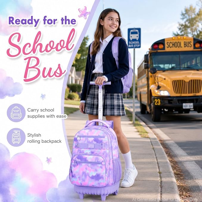 3Pcs Rolling Backpack for Girls, 19 Inche Women Roller Bag with Wheels for Adults, Wheeled Bookbag with Lunch Box(Purple) - Image 9