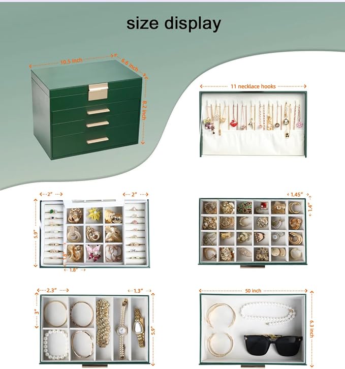 BOOVO Jewelry Boxes for Women, White and Black 6 Layer Large Jewelry Box for Necklace, Bracelet, Earrings, Rings Storage, Jewelry holder Organizer for Girls Gift (Green, 5 Layer) - Image 2