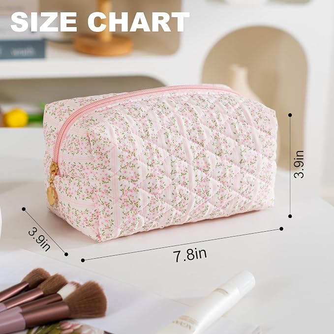 3PCS Makeup Bag Travel Toiletry Bag for Women, Small Cosmetic Bags Aesthetic Organizer Quilted Cotton Makeup Pouch & Purse Emergency Bag Floral Pencil Case Accessory Bag, Pastel Pink - Image 2