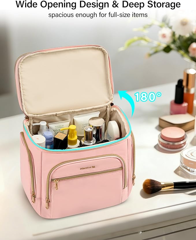 Hanke Large Toiletry Bag for Women Travel, Double Layer Organizer with Wide Opening for Full-Size Cosmetics & Toiletries, 12.2L Water-Resistant Makeup Bag,Pink - Image 2
