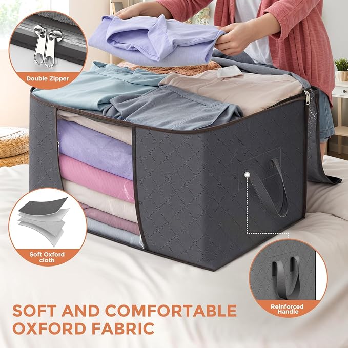 90L Large Storage Bags, 6 Pack Clothes Storage Bins Foldable Closet Organizers Storage Containers with Reinforced Handle for Clothing, Blanket, Comforters, Bed Sheets, Pillows and Toys (Gray) | Foldable Storage Containers, with Reinforced Handle, for C... - Image 4