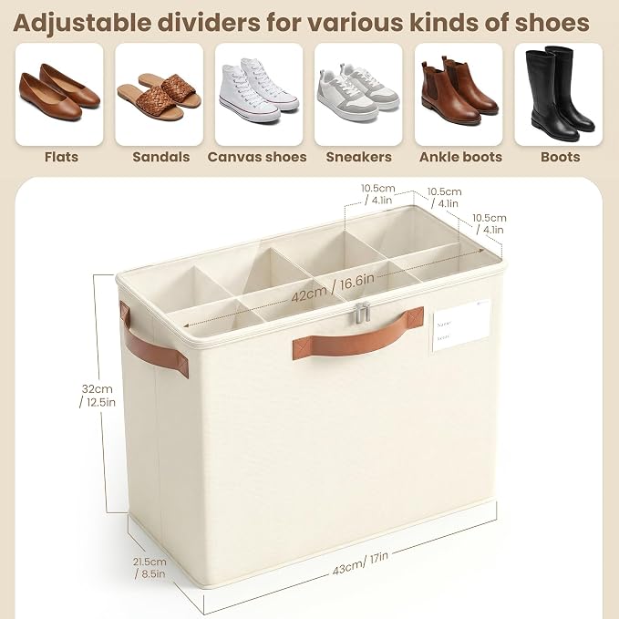 Varhomax Shoe Organizer Box for Closet, Small Fabric Storage Basket 2 Pack | Foldable Shoe Bin with Adjustable Dividers & Clear Cover, Saving Space Sneakers & Sandals Containersfor Entryway, Cubby - Image 3