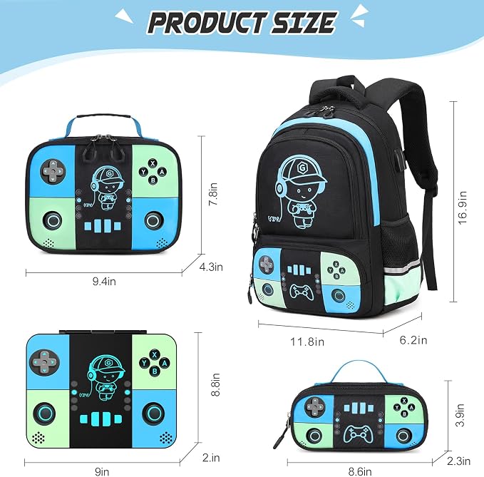 Bevalsa Backpack for Boys with 43OZ Bento Lunch Box,Insulated Lunch Bag & Pencial Case,Cool Luminous Gamer Schoolbag for Kids Teens Elementary Middle School,Bookbag Glow In The Dark - Image 2