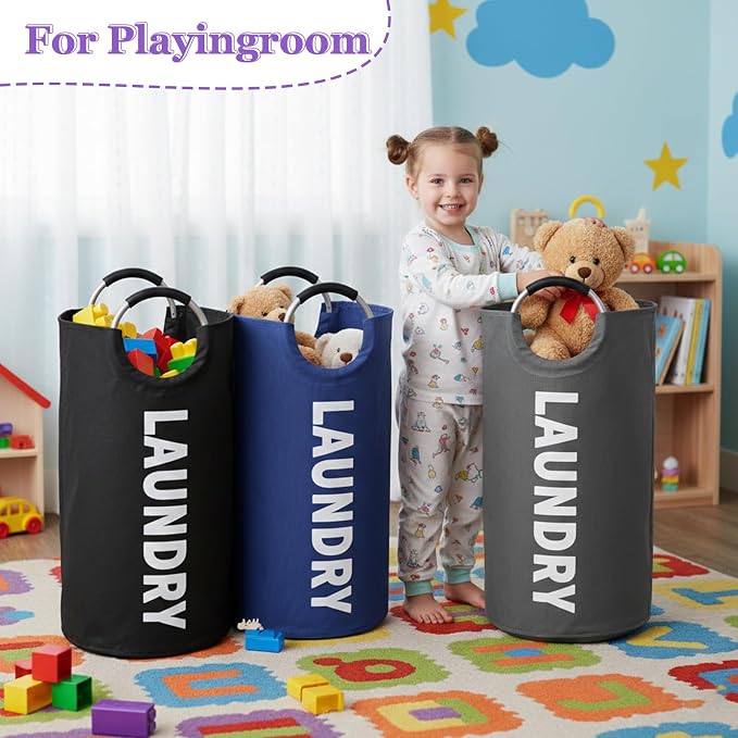 Laundry Basket 3PCS, 95L Large Clothes Hamper with Handle, Foldable Laundry Bag for Kids Room, Bathroom, Dorm, Portable Washing Bin for Home Organization, Black + Gray + Navy Blue - Image 7