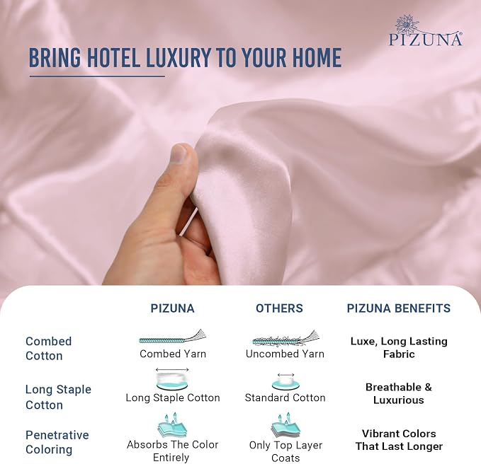 Pizuna 100% Cotton Pillow Cases Queen Size Set of 2 Luxury 1000 Thread Count Sateen Weave Long Staple Cotton Hotel Quality Envelope Closure Pillow Covers Fits Standard/Queen Pillows - Light Pink - Image 5