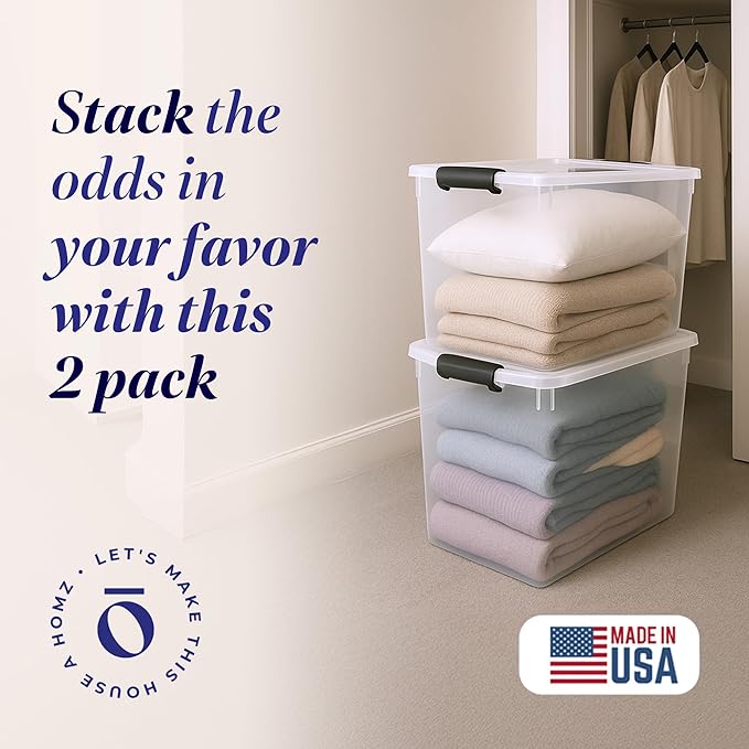 HOMZ 2-Pack Latching Lid, Large Clear Plastic Storage Bins w/Lids, 112 Quart, Gray Latch - Stackable Container Boxes for Home, Bathroom, and Office Organization - Image 2