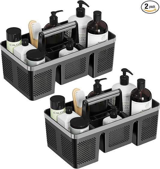 BYUNER 2Pack Plastic Shower Caddy: Portable Hard Bathroom Basket Tote with Handle, 4 Divided Compartments, All-Side Drainage, Non-Mesh Shower & Cleaning Caddy Organizer for College Dorm, Black/Silver by MakesYourHomeMoreOrganized