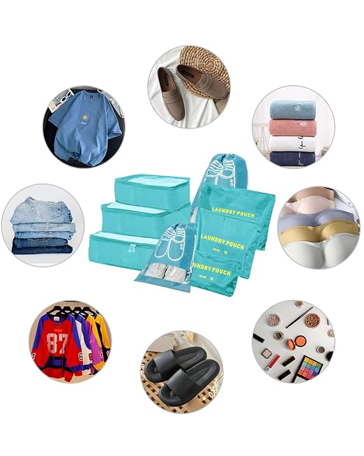 8-in-1 Suitcase Organiser Set for Travel, Clothes Bags, Packing Cubes, Luggage Organisers for Clothes, Shoes, Underwear, Cosmetics, Light Blue - Image 2