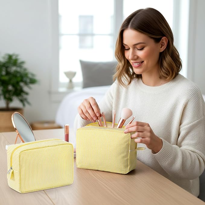 Sanwuta 6 Seersucker Cosmetic Bag Bulk Striped Makeup Bag for Women Aesthetic Cute Travel Toiletry Organizer Preppy Storage Pouch for Wedding Bridesmaid Mother's Day Teacher Gift (Large,Yellow) - Image 5