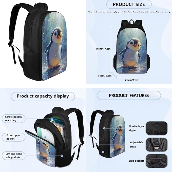 Penguin Backpack for Girls Kids Backpack with Lunch Box Water Bottle Holder with Strap and Kawaii Pencil Case 4PCS Set Cute Bookbag with Compartments 17 inch Large Capacity School Bag for Boys - Image 4