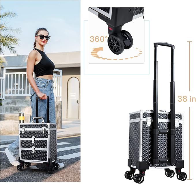 FRENESSA Professional Rolling Makeup Case Aluminum Trolley Train Case with 360° Swivel Wheels for Makuep Artist Travel Cosmetic Organizer with Sliding Drawers for Nail Tech Hairstylist Barber, Black - Image 6
