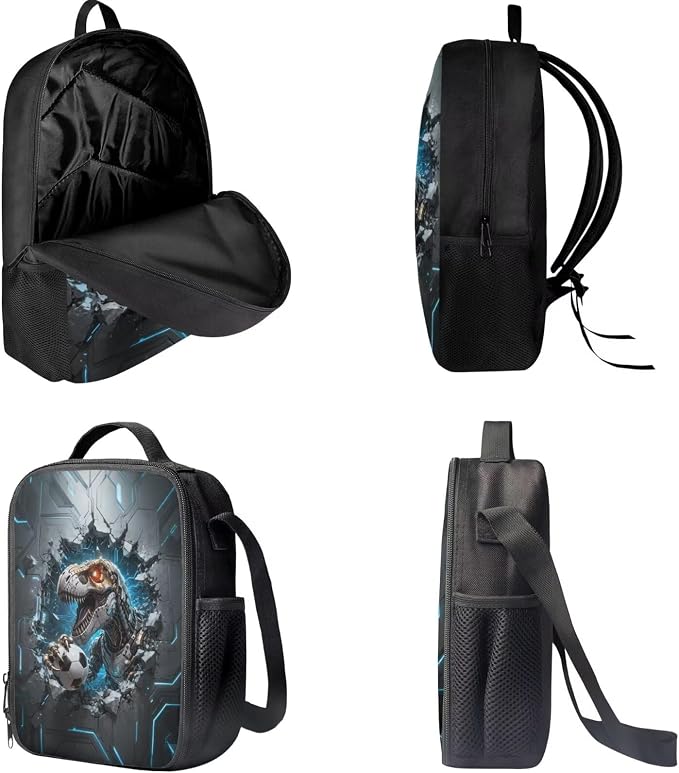 Forchrinse Dinosaur Backpack for School Boys 6-8 8-10 3 in 1 Soccer School Backpacks with Lunch Box Pencil Case Kids 17 Inch Bookbag School Bag Casual Daypack - Image 5