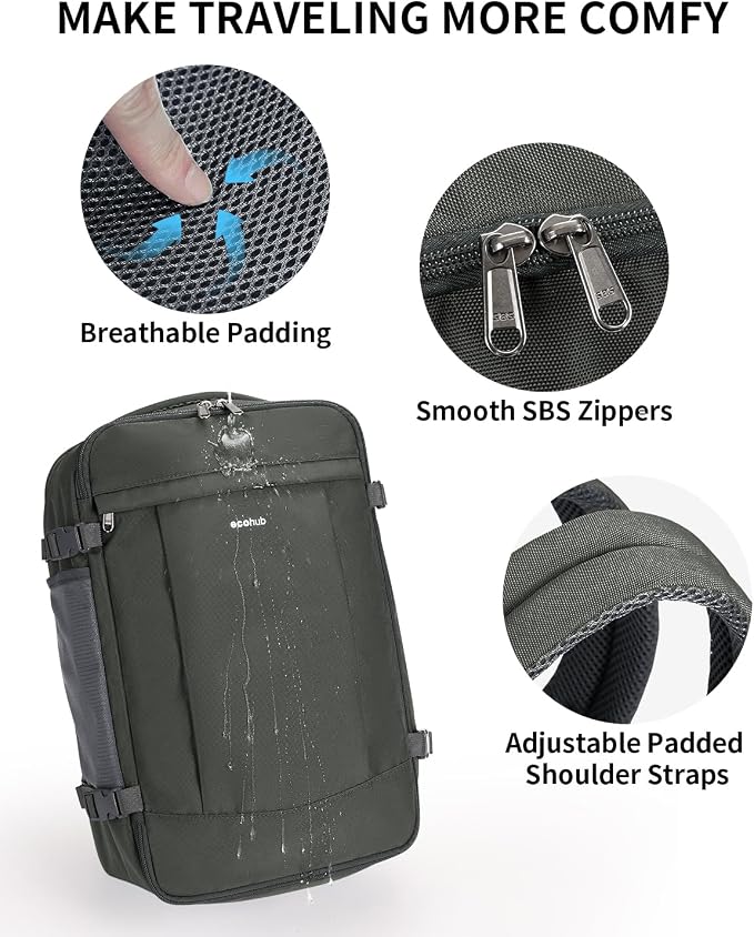 ECOHUB Travel Backpack for Men Women, Carry on Backpack with USB Charging Hole, Spirit Airlines Personal Item Bag Flight Approved, 15.6 Inch Laptop Backpack with Anti Theft Pockets, 30L, Grey Green - Image 7