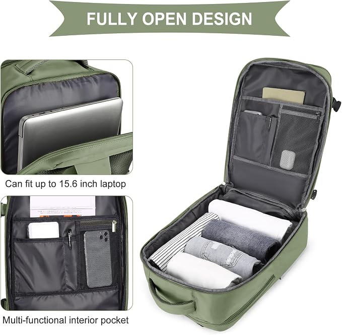 coowoz Large Travel Backpack For Women Men,Carry On Backpack Flight Approved,Hiking Backpacks Waterproof Outdoor Rucksack Casual Daypack Travel Bag Essentials Personal Item Backpack(Gray Green) - Image 5
