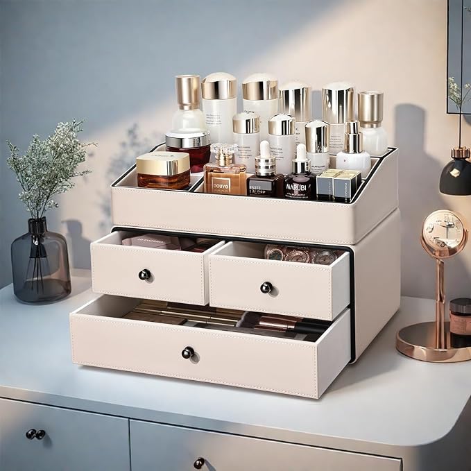 KINGFOM Leather Makeup Organizer with 3 Drawers, 2 Tier Cosmetic Storage Organizer for vanity Dresser Countertop and Bathroom Vanity, Beauty Holder for Lipstick Brush Skincare (Beige) - Image 7