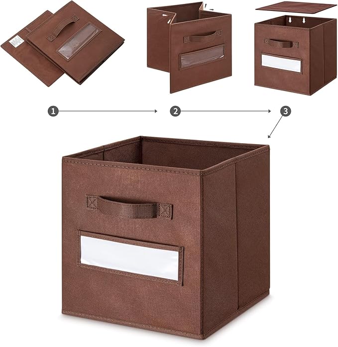Fabric storage cubes (Set of 8) 11 Inch Cube Storage Bin, Cube storage with 8 Labels Window Cards & a Pen, Foldable cube Organizer bins,11x11 Storage bin, Cubby Organizer Boxes, Brown - Image 4