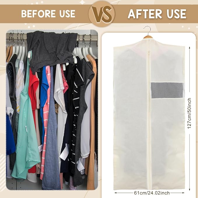 Aliceset 6 Pcs 24 x 50 Inches Cotton Garment Bags for Hanging Clothes, Canvas Suit Bags for Clothes Coats Jackets Shirts Closet Storage Travel Gusseted Hanging Garment Cover - Image 2