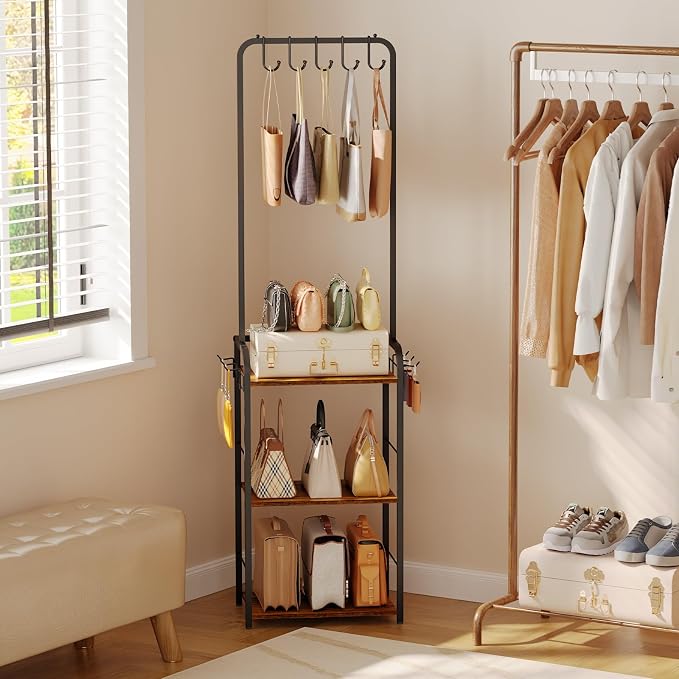 Floor-Standing Purse Organizer for Closet with 5 Hangers & 6 Side Hooks, Tall Purse Rack Stand for Purse Storage, High-Capacity Handbag Organizer, Multi-Purpose Purse Storage Organizer for Small Place - Image 8