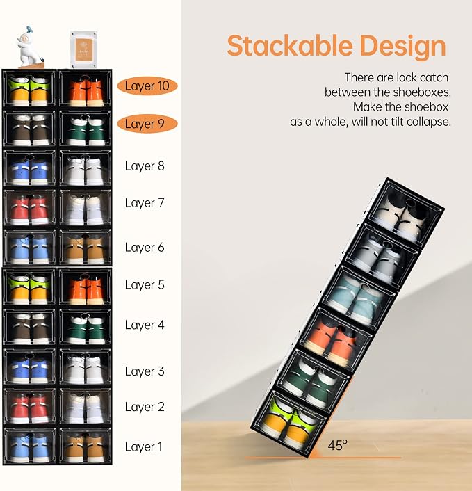 Amllas 12 Pack Shoe Boxes Stackable,Upgraded Sturdy Shoe Storage Boxes with Clear Magnetic Door,Multifunctional Sneaker Storage, Shoe Box Organizer Fit up to US Size 12 Gray(13.8”x 9.84”x 7.1”) - Image 4