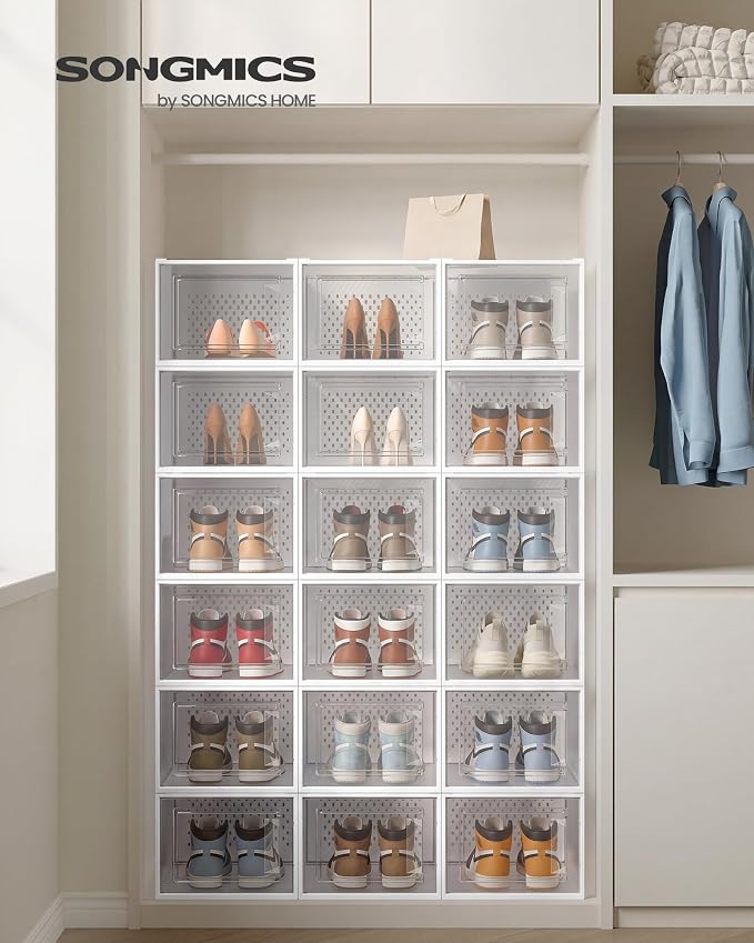 SONGMICS Shoe Boxes, Pack of 18 Shoe Storage Organizers, Stackable Clear Plastic Boxes for Closet, Sneakers, 13.1 x 9.9 x 7.4 Inches, Transparent and White ULSP18MWT - Image 2