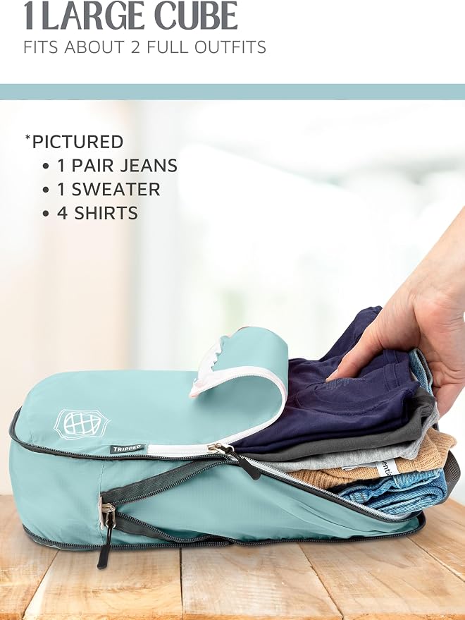 Compression Packing Cubes for Travel, 2-Piece Lightweight Packing Cubes Set for Carry-On Luggage & Backpacks – TRIPPED Travel Gear (Dusty Teal/White) - Image 6