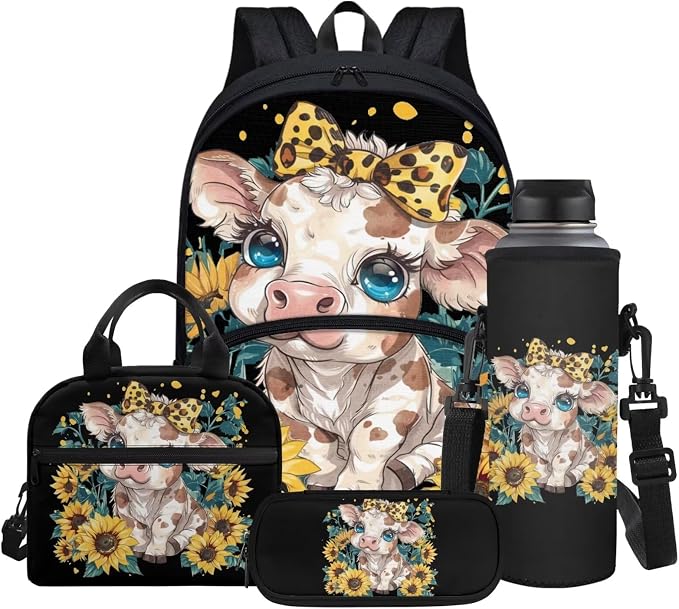 Cute Cow Sunflowers Backpack for Kids Back To School Bookbags Teenage Backpack with Lunchbox Pen Case Water Bottle Sleeve by Glomenade