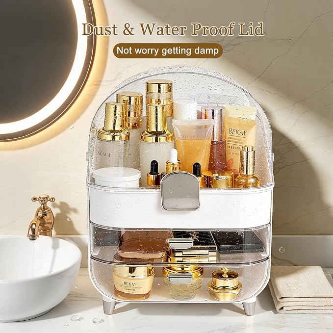 Makeup Organizer with Drawers-Cosmetic Display Case for Vanity|Skincare Organizer with 360 Rotating Brush Holder,Large Storage Box Dresser,Women Gifts Display Cases for Bathroom Countertop, Sliver - Image 5