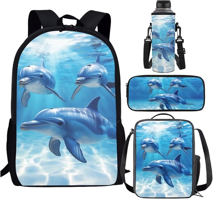 Cute Dolphin Backpack for Girls with Lunch Box 6-8/8-10/10-12 Kids Bookabg and Lunchbox Set 4 in 1 Elementary School Back Pack Lunch Bag Pencil Case Water Bottle Holder Middle Schoolbag by SCRAWLGODDreamWardrobe