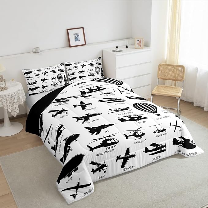 Erosebridal Airplane Comforter Set Twin,Black White Airplanes Bedding Set Space Rocket Aircraft Down Comforter for Boys Kids Teens Room Decor,Helicopter Biplane Quilt Duvet Sets with 1 Pillow Case - Image 3