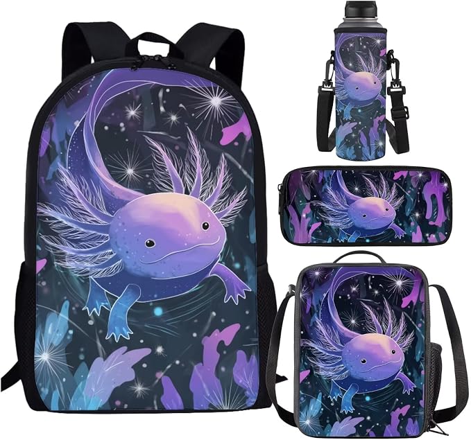Purple Axolotl Backpack for School Girls 3rd Grade Preppy Ocean Kids Bookbag with Lunch Box Set 4PCS Elementary Student Back Pack Lunchbox Pencil Case Water Bottle Holder Preschool Book Bag by SCRAWLGODDreamWardrobe