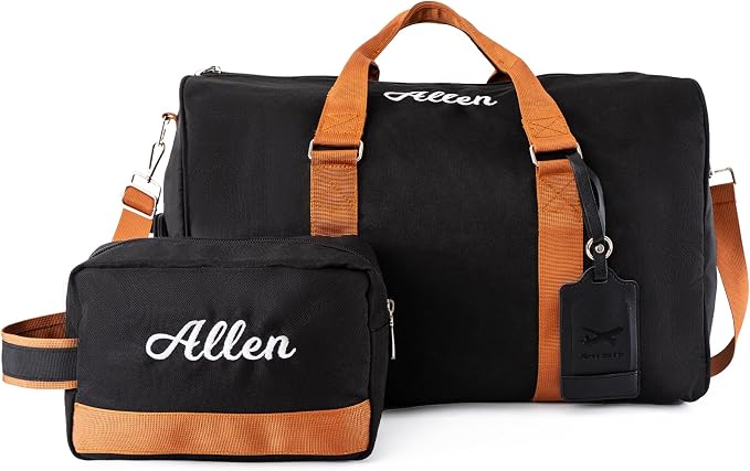 Travel Duffle Bag Set for Men Boys Personalized Weekender Overnight Bag with Embroidered Name - Custom Canvas Duffle Bag with Toiletry Bag and Shoe Compartment for Travel Trip Workout (Black) by MTIANG