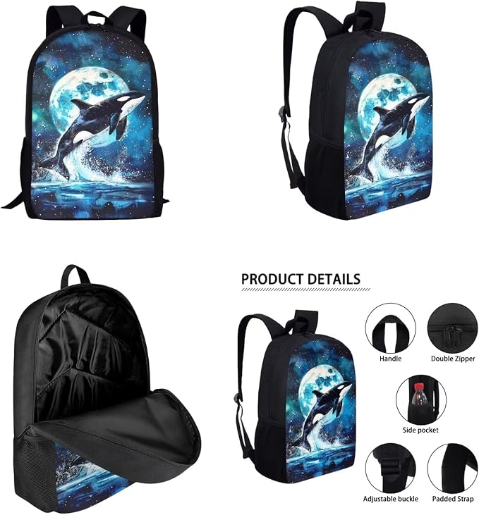 Killer Whale Girls Backpacks Ages 10-12/8-10/6-8 with Lunch Box Galaxy Moon Kids Middle School Bookbag Lunch Bag Pencil Case Book Bag Lunchbox Schoolbag Water Bottle Holder Set Back Pack - Image 2