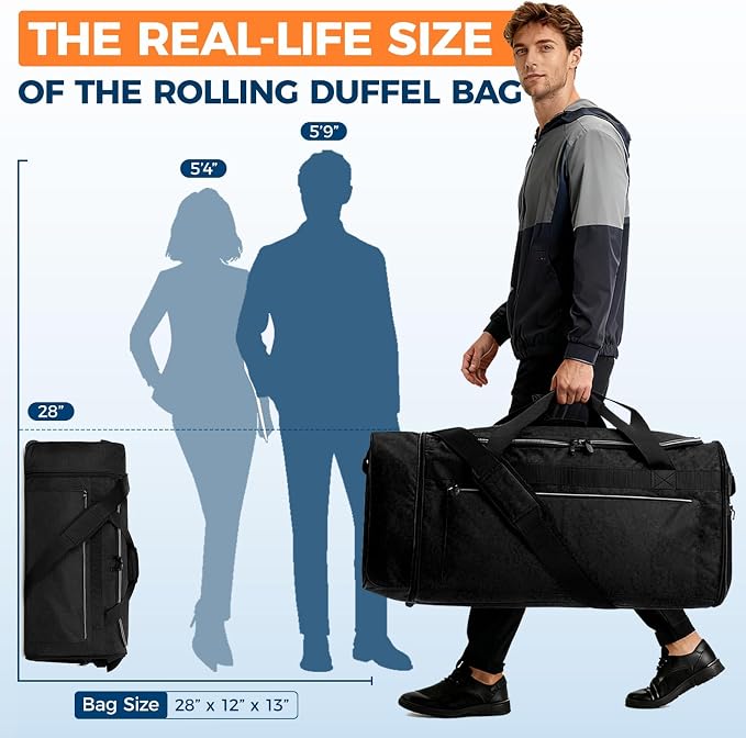 Uarition 70L Foldable Rolling Duffle Bag with Wheels, 28” Large Duffle Bag for Travel, Carry On Luggage Duffel Bag for Traveling/Camping/Moving, Water Resistant, Black - Image 2