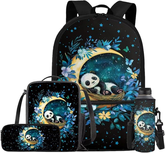Panda Backpack for Girls Boys Backpack with Lunch Box Water Bottle Holder and Soft Pencil Case 4PCS Set Bookbag with Front Pocket for School 17 inch Sturdy School Bag with Side Pocket for Kids by ELEDIZI