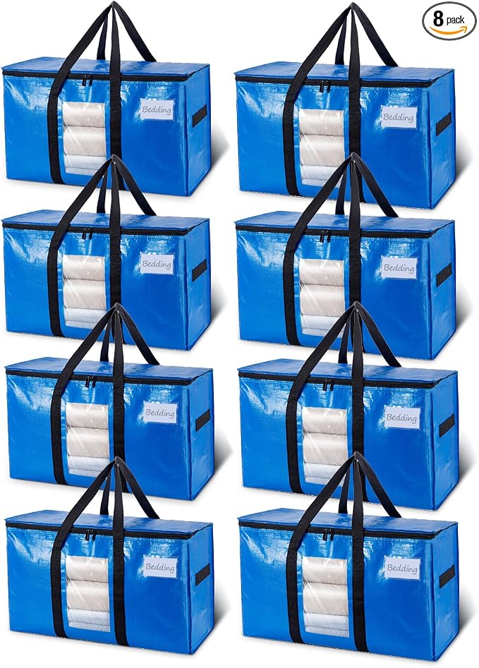 TAILI Extra Large Moving Bags, 8 Pack Blue Heavy Duty Totes For Storage with Visible Window, Wrap Around Handles, Storage Bags for Space Saving, Alternative to Moving Boxes by TAILI