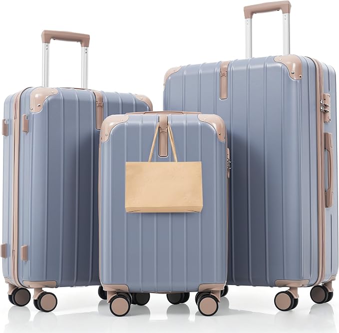 Hardside Luggage Sets, Lightweight Stripes Suitcase with Spinner Wheels, Blue by Merax