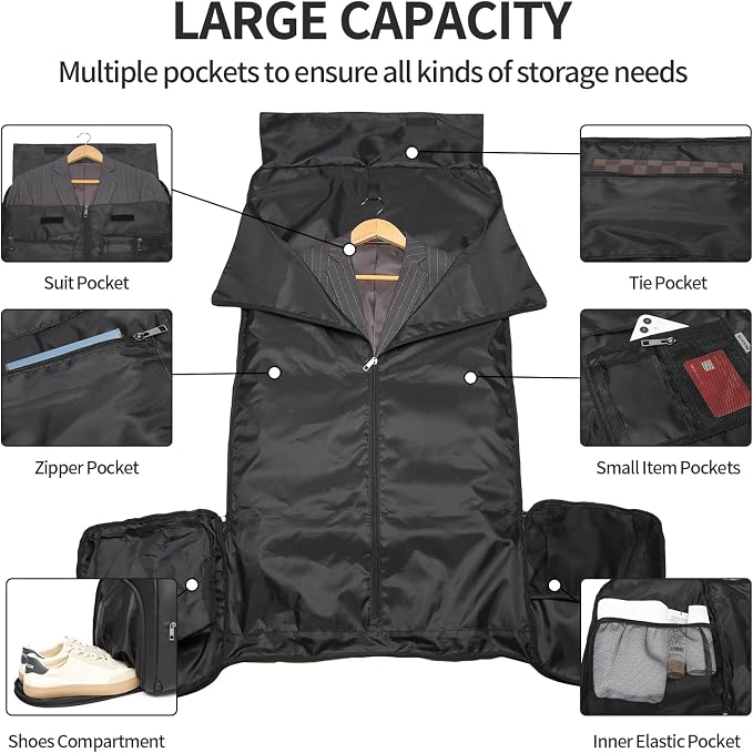 seyfocnia Carry On Garment Bag for Travel, Convertible Travel Garment Bag for Men Women, 2 in 1 Hanging Suitcase Suit Business Travel Bag, Black - Image 3
