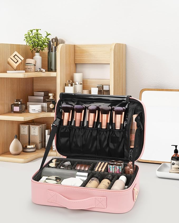Relavel Makeup Bag Travel Makeup Train Case 13 inches Large Cosmetic Case Professional Portable Makeup Brush Holder Organizer and Storage with Adjustable Dividers and Shoulder Strap (Pink) - Image 8