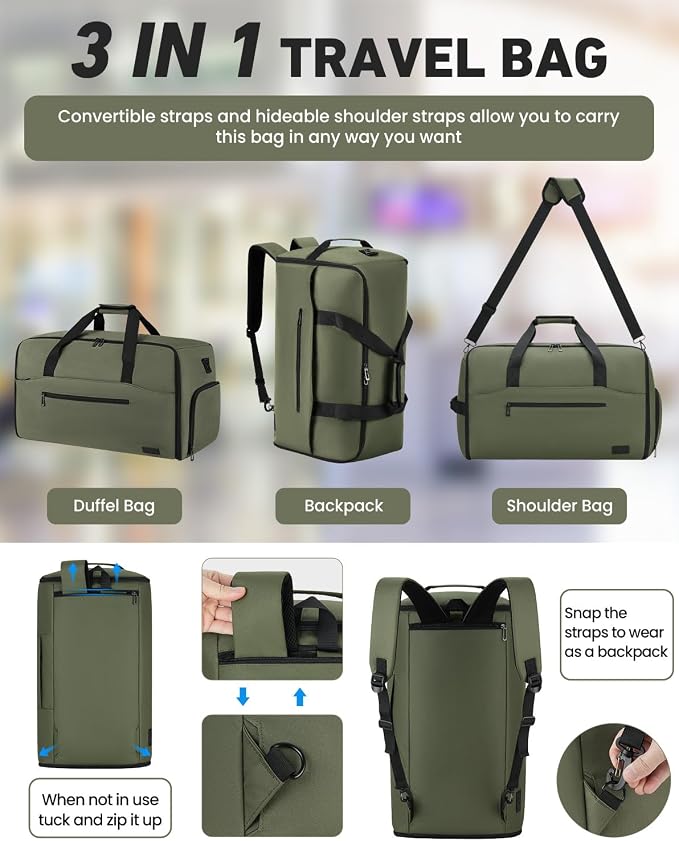 Convertible Garment Bags for Travel, 47L Garment Duffle bag for Hanging Clothes, 3 in 1 Suit Travel Bag for Business Trips with Shoulder Strap, Carry On Suit Luggage for Men,Green - Image 2
