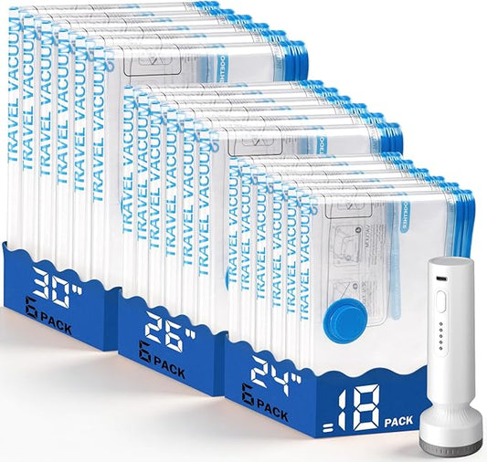 18 Pack Vacuum Storage Bags for Travel with Rechargeable Cordless Pump, Space Saver Bags for Clothes, Compression Packing Bags for Luggage and Suitcase, Blue by lezecur