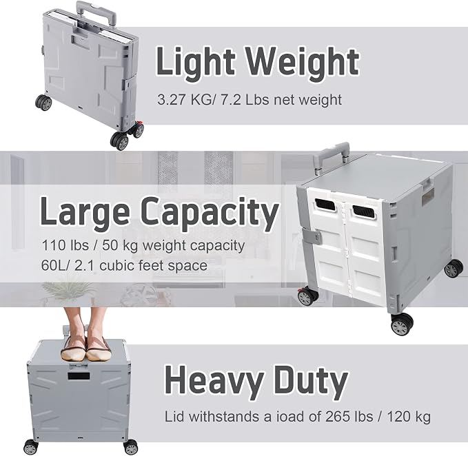 FELICON Folding Utility Cart Rolling Crate Handcart Basket Tote-Gray+White | Collapsible Hidden Lid,Plastic Box,Telescoping Handle,4 Rotate Wheels for Travel Shop Move Grocery Laundry Office Teacher Use - Image 6