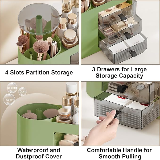 DASITON Makeup Organizer with 3 Drawers,Automatic Lifting Makeup Brush Holder with Lid,Large Capacity Makeup Organizers for Vanity,Bathroom Countertop,Ideal Storage Skin Care,Brushes,Lipstick (Green) - Image 5