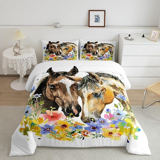 Erosebridal Horse Comforter Set, Flower Branches Down Comforter Twin Size for Kids Boys Girls, Watercolor Flower Nursery Bedding Set Rustic Country Quilted Duvet 2 Pieces with 1 Pillow Case by Erosebridal